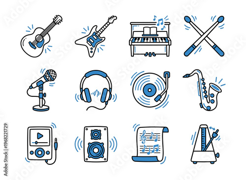 Collection of musical instruments and audio equipment icons in a doodle style