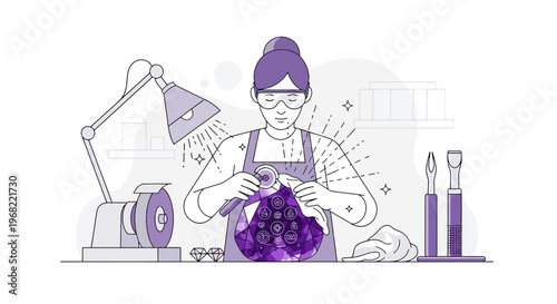 Gemstone Cutter Polishing Faceted Jewel with Tools and Lamp