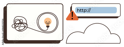 Technology innovation, problem-solving, cloud computing, internet issues, digital solutions, and creativity. Light bulb with tangled wire, warning triangle and cloud symbol. Problem-solving