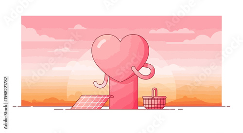 Giant Pink Heart Sculpture with Basket and Solar Panels at Sunset