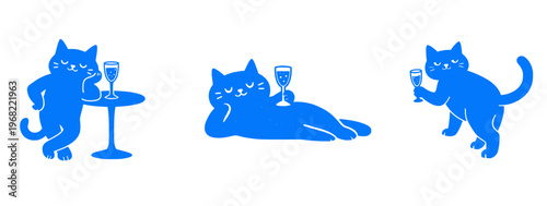 Cat with champagne glass naive hand drawn vector illustration.