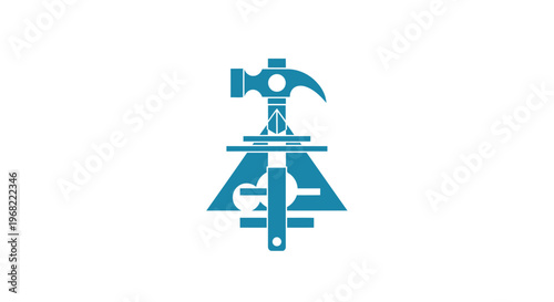 Blue Hammer and Tools Logo on White Background Representing Construction and Craftsmanship.
