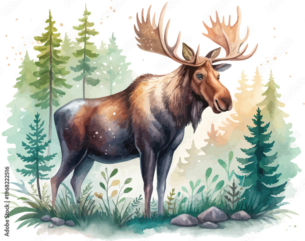 Obraz premium Hand-Painted Moose Watercolor, Woodland Animal Clipart, Isolated Vector Illustration