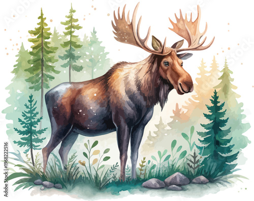 Hand-Painted Moose Watercolor, Woodland Animal Clipart, Isolated Vector Illustration