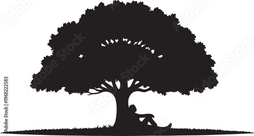 Silhouette of a person relaxing under a large, majestic tree, enjoying the shade and tranquility of nature's embrace, a peaceful moment captured
