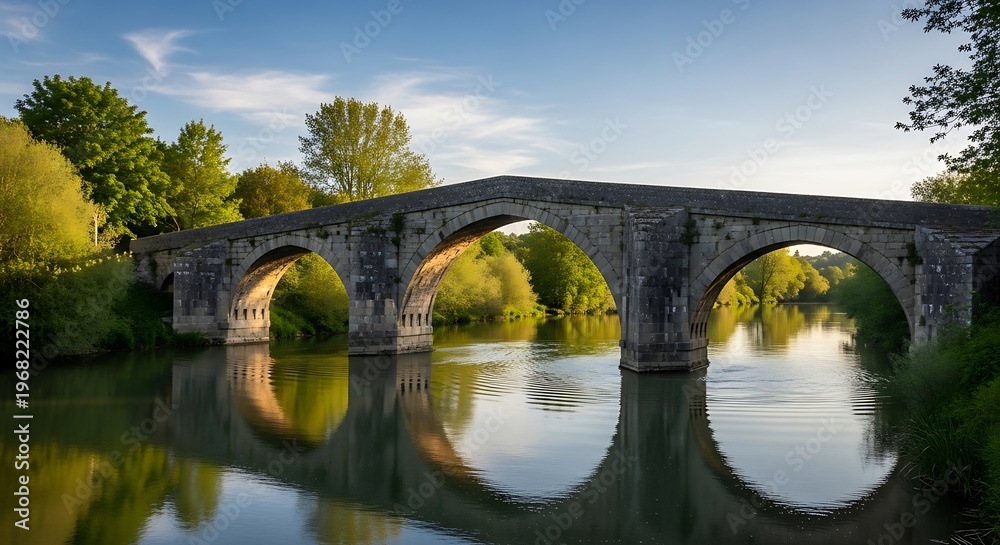 Fototapeta premium A serene stone bridge spans a calm river surrounded by lush greenery under a blue sky