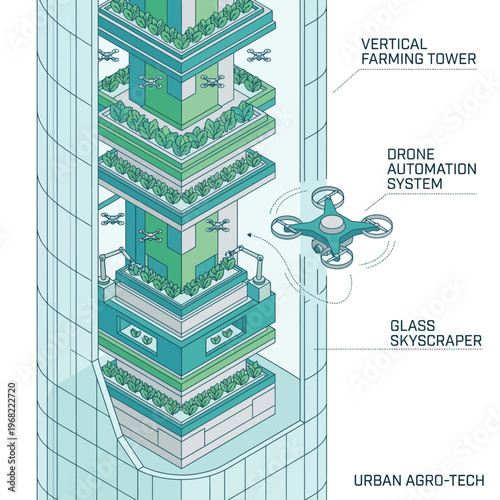 Innovative Urban Agro-Tech Vertical Farming Tower with Drone Automation in a Glass Skyscraper