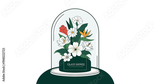 Glass Dome Terrarium Bouquet with Delicate Flowers and Green Leaves