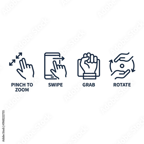 Modern set of line icons illustrating essential hand gestures for intuitive touchscreen interaction and user interface design on digital devices