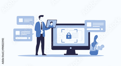 Businessman holding tablet with face recognition technology for security.