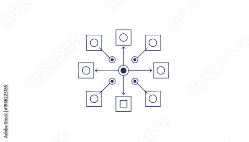 Abstract Geometric Design with Central Circle and Surrounding Shapes.