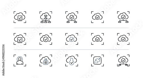 Cloud Computing Icons Set with Check Marks and Connections.