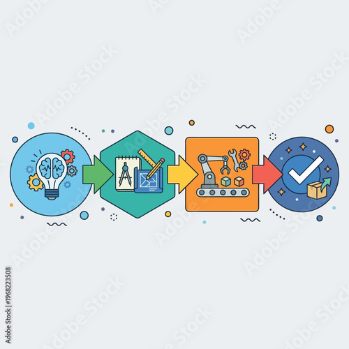 Structured step-by-step process diagram illustrating product development from concept, design, production, and delivery.