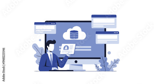 Cloud Computing Illustration with Computer and Person.
