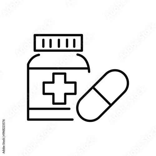 Medicine Bottle and Capsule Icon – Pharmacy Drug Line Icon
