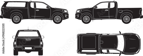 Vector blueprint set of a pickup truck, showcasing multiple exterior views. Side profiles (with and without canopy), rear, and top angles for automotive design