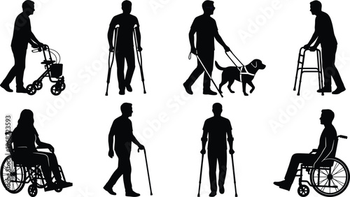 People with disabilities silhouettes set including wheelchair users, walking aids and guide dog, accessibility and mobility support concept black vector illustration collection isolated