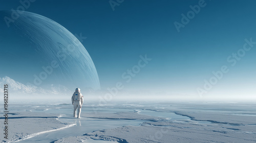 Astronaut on Frozen Alien Planet Facing Blue Giant World