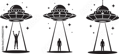 Illustrations of mysterious alien encounters, featuring flying saucers beaming light onto human figures, symbolizing abduction, observation, and contact from above