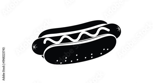A black silhouette of a hotdog with bun and mustard silhouette