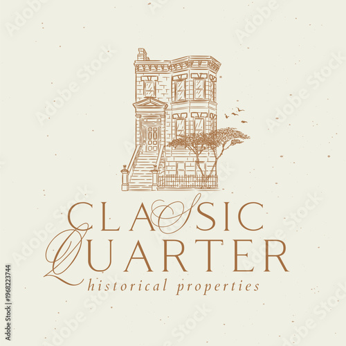 Victorian house label with text classic quarter historical properties drawing in graphic art style with beige on light background
