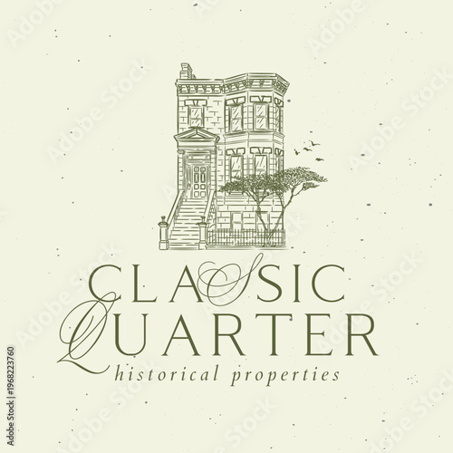 Victorian house label with text classic quarter historical properties drawing in graphic art style with green on light background