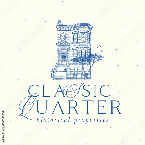 Victorian house label with text classic quarter historical properties drawing in graphic art style with blue on light background