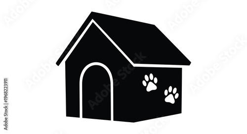 Simple black dog house graphic with paw prints a minimalist silhouette