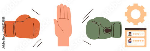 Conflict resolution, negotiation, teamwork, decision-making, opposing sides, collaboration. Boxing gloves and hand indicating pause, star rating gear. Conflict resolution and negotiation concept