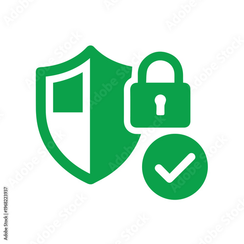 Green shield icon with a locked padlock and a checkmark represents authorization and trust.