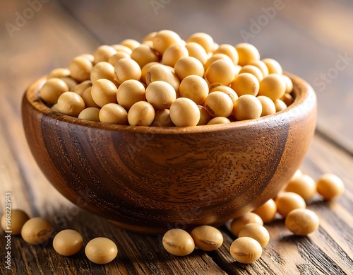Close-up shot of a wooden bowl brimming with light-colored, dried legumes; scattered seeds on rustic wood