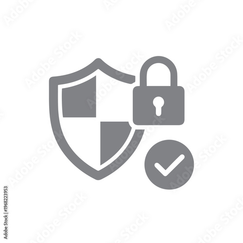 Gray scale shield emblem accompanied by a closed padlock and check symbol indicates system integrity.