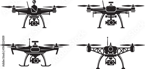 A diverse collection of drone concepts and modern multi-rotor aircraft designs, showcasing advanced aerial technology and remote-controlled flying photography devices