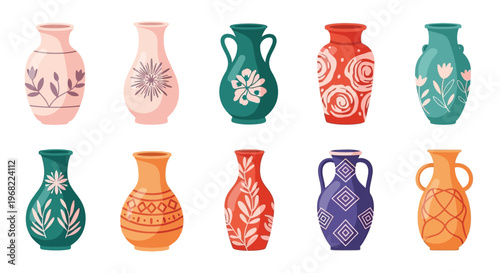 Colorful collection of decorative vases with floral patterns a silhouette