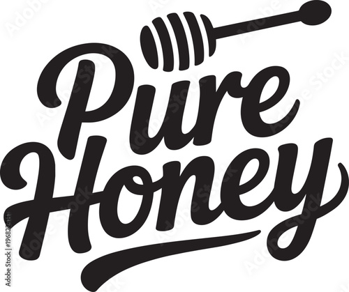 Pure Honey Stylized Text With Honey Dipper Illustration Vector Art