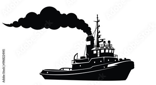A striking black silhouette of a vintage tugboat at sea