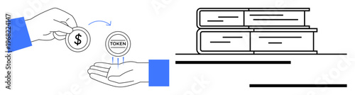 Cryptocurrency, education, digital payments, blockchain, tokenization, financial literacy. A hand exchanging a dollar coin for a token next to stacked books. Cryptocurrency and education concept