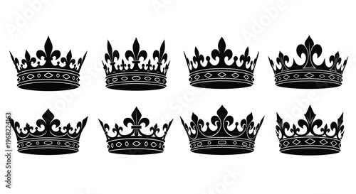 Eight ornate crowns displayed on a white background a striking silhouette