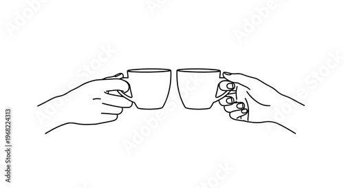 Two hands holding cups in a minimalist single line silhouette