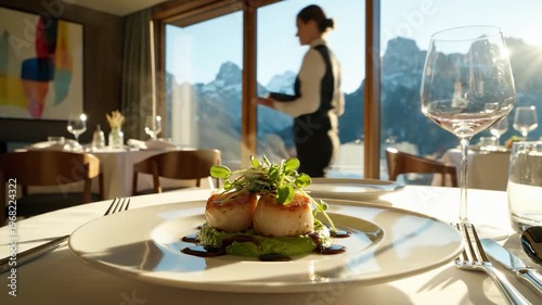 A beautifully presented seafood dish with vibrant green puree and microgreens is served in an upscale restaurant with a stunning mountain view