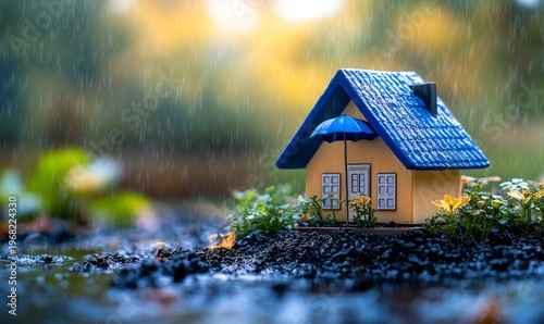house sheltered under a blue umbrella in the rain, symbolizing insurance and protection, set against a blurred outdoor background, Generative AI