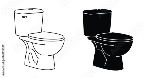 Two toilet illustrations one white and one dark in silhouette