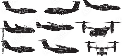 A comprehensive vector collection featuring various military transport aircraft and tiltrotor planes, depicted as striking black silhouettes from multiple perspectives, ideal for design projects
