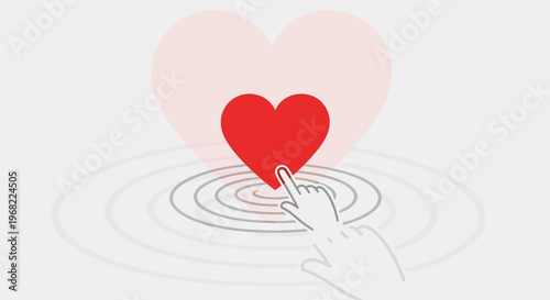 Hand Clicking Red Heart Icon on Ripple Background - Love, Emotion, Connection Concept
