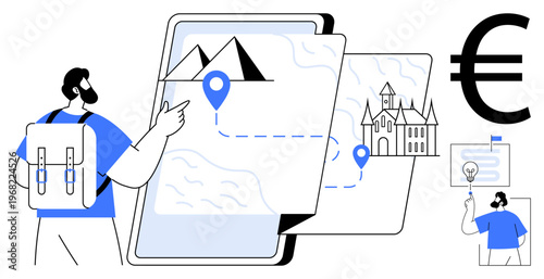 Travel planning, tourism, budget management, navigation, cultural exploration, adventure trips, digital tools. Person pointing to landmarks on a digital map. Travel planning and tourism illustrated