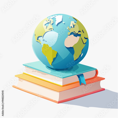 A stack of open books with a detailed globe resting on top, symbolizing global knowledge and education