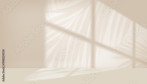 Background wall studio with brown shadow on 3d podium for product stand mockup,Empty interior room,Palm leaf shadow,white light on cream floor,Vector scene soft gradient texture for Summer backdrop