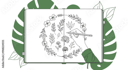 Hand Drawing Floral Wreath and Botanical Elements in Open Sketchbook