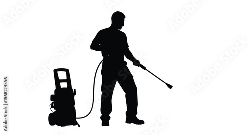 Man using a pressure washer against a white background silhouette