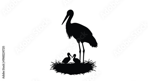 Stork family in a nest presented as a striking black silhouette